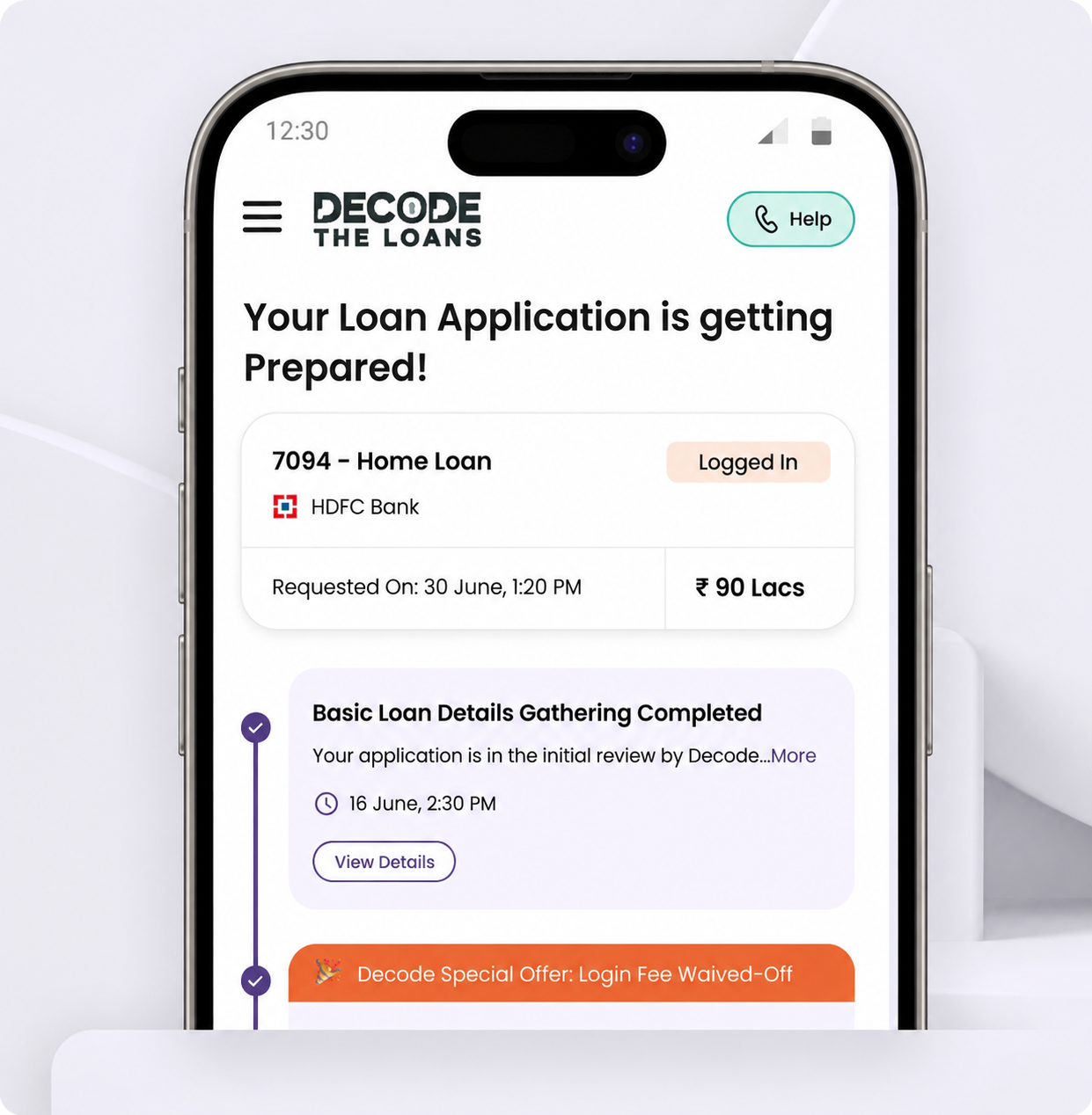 Loan application status on Decode app